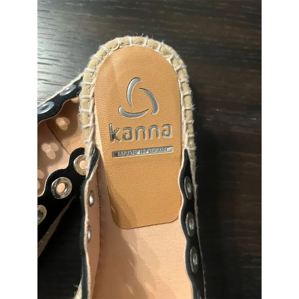 Kanna Women's Black Suede‎ Espadrille Mules with Eyelets Made in Spain sz6 EU 37